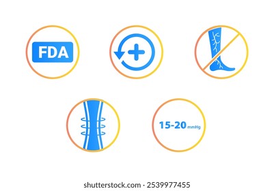 Normas de saúde e segurança. Ícones incluídos: Aprovado pela FDA, Reembolso médico, Suporte à compressão, Compressão moderada classe 1, reduz o risco de veias varicosas e aranhas