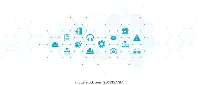 Health and safety vector illustration. Blue concept with icons related to industrial accident prevention, workplace safety training, industrial regulations, hazard warning, protective equipment