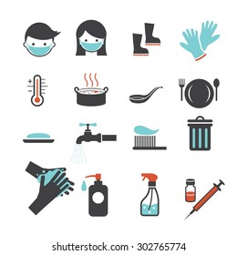 Health and Sanitation Icons Set, Cleanness, Contagious Disease Prevention and Secure