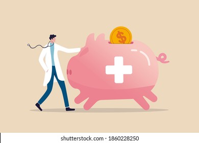 Health saving account, HSA, financial plan saving for medical expense or medicare cost and benefits concept, doctor with stethoscope standing with huge pink piggy bank or coin bank with medical sign.
