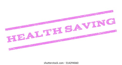 Health Saving watermark stamp. Text tag between parallel lines with grunge design style. Rubber seal stamp with dust texture. Vector violet color ink imprint on a white background.