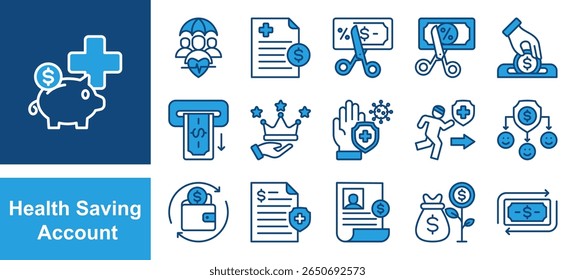 Health Savings Account icon set with Health insurance, Medical expense, Tax free, Deposit, Withdrawal, Account holder, Saving account.