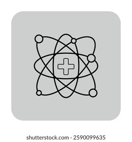 Health science icon of atomic model with medical cross at center. Advancement in health and technology concept