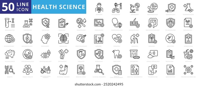 Conjunto de iconos de ciencias de la salud con ética médica, fisiología, patología, macrobiología, inmunología, farmacología, bioquímica, epidemiología y neurociencia.