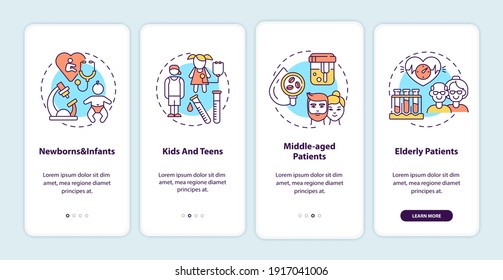 Health screening age groups onboarding mobile app page screen with concepts. Newborns, teens, adults walkthrough 4 steps graphic instructions. UI vector template with RGB color illustrations