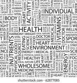 HEALTH. Seamless vector background. Illustration with different association terms.