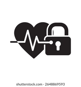 Health security icon with a heartbeat and lock for medical privacy A glyph symbol representing protected cardiology data secure patient records and life insurance