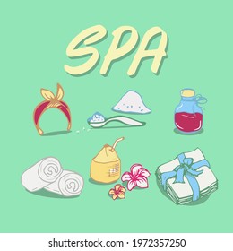 Health Self Care. Beauty routine. Recreation, self-care, relaxation, rest. Bathroom, shower. Flat hand drawn vector illustration, set Stickers Home SPA in doodle style. Beauty Treatment, Spa Essentials