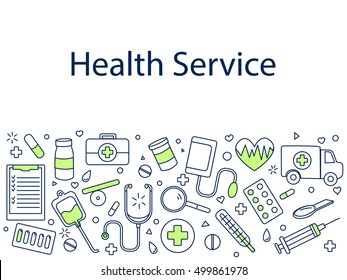 Health service banner vector illustration. Sport tools drawing. Icons line art set