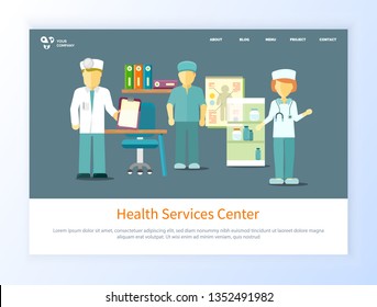 Health service center vector, specialists wearing uniforms people working in office flat style. Medical workers with diagnosis conclusion illness. Website or webpage template, landing page flat style