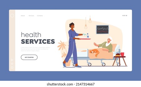 Health Services Landing Page Template. Senior Patient Female Character Lying in Clinic Ward. Health Care Medical Staff Nurse Bringing Medicine Pills to Old Woman Cartoon People Vector Illustration