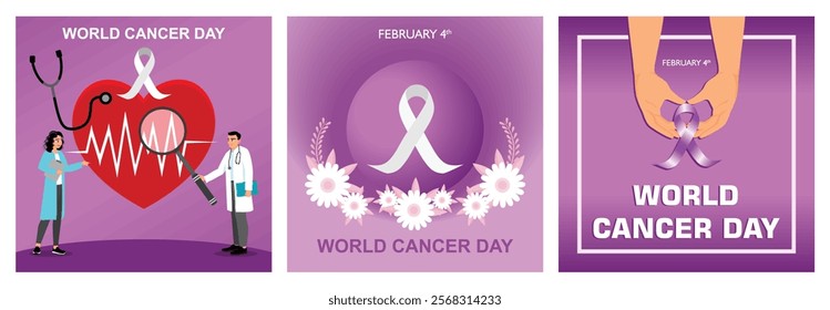 Health services and life insurance.Cancer awareness ribbon with flowers on a purple background. Commemorating World Cancer Day. World Cancer Day concept. Set flat vector illustration.