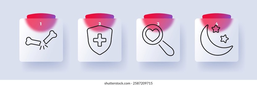 Health set icon. Broken bone, medical shield, heart search, night care, injury, diagnosis, medical protection, emergency, wellness, healthcare support.