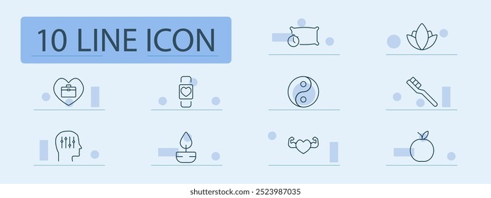 Health set icon. Pillow, clock, smartwatch, heart, yin yang, tooth care, apple, hands with wellness, fitness, health balance, mental care, body, nutrition