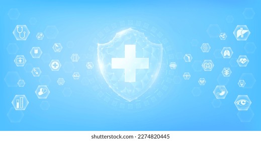 Health shield poly triangle glowing. Medical and human organs icons on blue background. Immunity protection innovation. Medical care science banner concept. Realistic 3D Vector illustration.