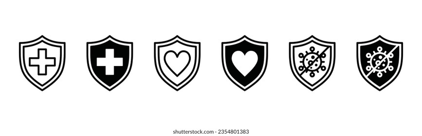 Iconos de protección del protector de estado configurados. Protección antibacteriana, sistema de defensa inmune símbolo iconn en línea y plano. Cruz Roja, más, corazón, virus, escudo. Ilustración vectorial de cuidado médico