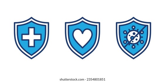 Iconos de protección del protector de estado configurados. Protección antibacteriana, sistema de defensa inmune símbolo iconn en línea y plano. Cruz Roja, más, corazón, virus, escudo. Ilustración vectorial de cuidado médico