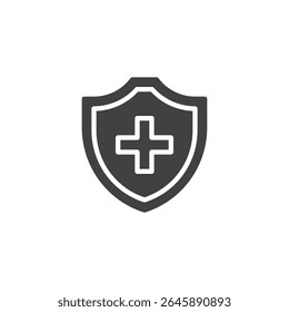 Health shield protection solid icon. glyph medical icon showing a shield with a cross. A vector sign and symbol for safety, emergency care, and healthcare defense.