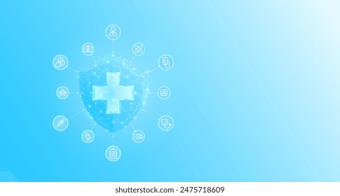 Health shield translucent low poly triangle futuristic glowing surrounded by medical equipment icon. On blue background. Banner with Empty space for text. Vector EPS10.