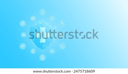 Health shield translucent low poly triangle futuristic glowing surrounded by medical equipment icon. On blue background. Banner with Empty space for text. Vector EPS10.
