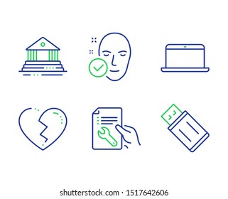 Health skin, Broken heart and Court building line icons set. Repair document, Laptop and Usb flash signs. Clean face, Love end, Government house. Spanner tool. Business set. Vector