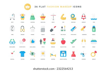 Health and skin care symbols, perfume and makeup in salon, barbershop and casual shopping, weight control with sports. Fashion and beauty, cosmetics trendy flat icons set vector illustration