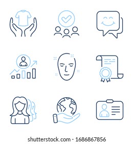 Health skin, Career ladder and Women headhunting line icons set. Diploma certificate, save planet, group of people. Hold t-shirt, Smile face and Id card signs. Vector