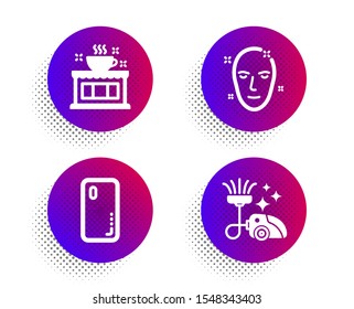 Health skin, Coffee shop and Smartphone cover icons simple set. Halftone dots button. Vacuum cleaner sign. Clean face, Tea house, Phone. Vacuum-clean. Business set. Vector