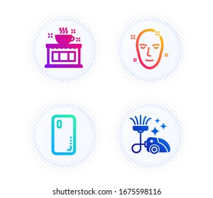 Health skin, Coffee shop and Smartphone cover icons simple set. Button with halftone dots. Vacuum cleaner sign. Clean face, Tea house, Phone. Vacuum-clean. Business set. Vector