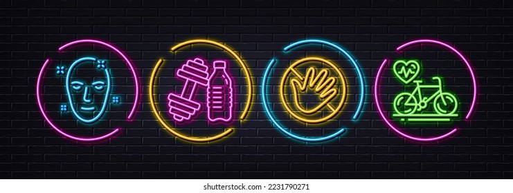 Health skin, Dumbbell and Do not touch minimal line icons. Neon laser 3d lights. Cardio bike icons. For web, application, printing. Clean face, Sport training, Not allowed. Fitness bicycle. Vector