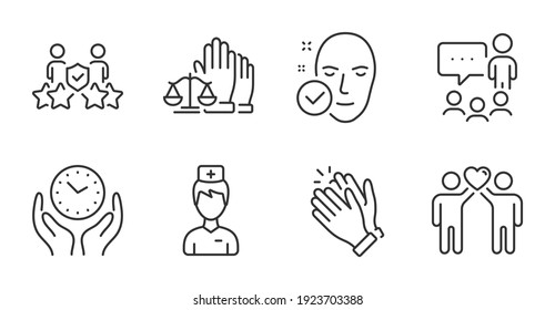 Health Skin, Security Agency And Court Jury Line Icons Set. Clapping Hands, Safe Time And People Chatting Signs. Friends Couple, Doctor Symbols. Clean Face, Body Guards, Justice Voting. Vector