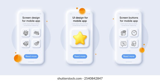 Capa de saúde, trabalho em equipe e linha do tempo ícones pack. mockups de telefone 3d com estrela. Tela de vidro do smartphone. Transporte de ambulância, fraude, ícone da Web de mensagem de desconto. Estrelas de fogos de artifício, pictograma de olho. Vetor