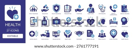 Health solid vector glyph icon set including family insurance, medication, stethoscope, telemedicine, medical kit, heart care, and virus protection for healthcare and wellness.