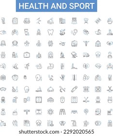 Health and sport outline icons collection. Fitness, Exercise, Wellness, Running, Strength, Yoga, Cycling vector illustration set. Workout, Basketball, Hockey line signs