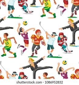 Health sport seamless pattern background wellness flat people characters sporting man activity woman athletic vector Illustration.