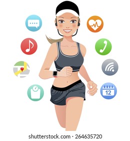 Health sport young woman running with smart watch device