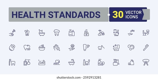 Health Standards icon set. Contains related to paper, shower, anti, protect, hand, dirt and more. Expanded stroke. Minimalistic icon collections.