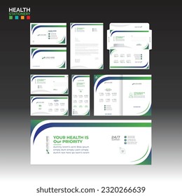 Health Stationary design with Business card Letterhead Envelope Postcard Rollup social cover brochure cover for any best use