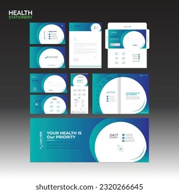 Health Stationary design with Business card Letterhead Envelope Postcard Rollup social cover brochure cover for any best use