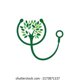 Diseño del logotipo vectorial del estetoscopio de salud. Estetioscopio con diseño vectorial de iconos de árbol.