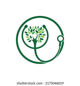 Diseño del logotipo vectorial del estetoscopio de salud. Estetioscopio con diseño vectorial de iconos de árbol.