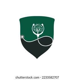 Diseño del logotipo vectorial del estetoscopio de salud. Estetioscopio con diseño vectorial de iconos de árbol.