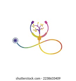 Diseño del logotipo vectorial del estetoscopio de salud. Estetioscopio con diseño vectorial de iconos de árbol.