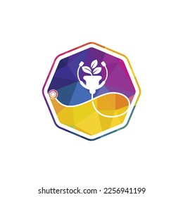 Diseño del logotipo vectorial del estetoscopio de salud. Estetioscopio con diseño vectorial de icono de maceta floral.	