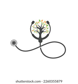 Diseño del logotipo vectorial del estetoscopio de salud. Estetioscopio con diseño vectorial de iconos de árbol.