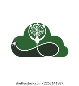 Diseño del logotipo vectorial del estetoscopio de salud. Estetioscopio con diseño vectorial de iconos de árbol.