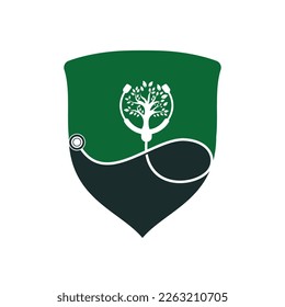 Diseño del logotipo vectorial del estetoscopio de salud. Estetioscopio con diseño vectorial de iconos de árbol.