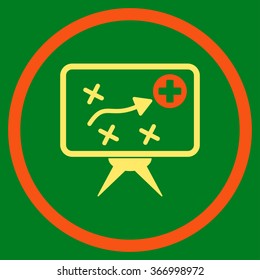 Health Strategy Screen vector icon. Style is bicolor flat circled symbol, orange and yellow colors, rounded angles, green background.