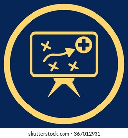 Health Strategy Screen vector icon. Style is flat circled symbol, yellow color, rounded angles, blue background.