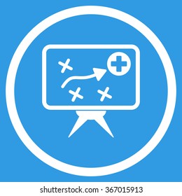 Health Strategy Screen vector icon. Style is flat circled symbol, white color, rounded angles, blue background.